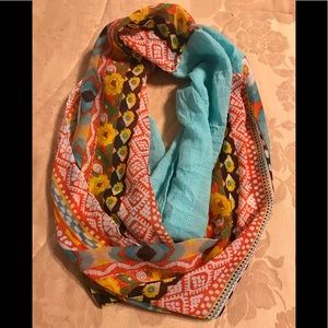 Infinity scarf. Blue/coral/orange/yellow/brown.